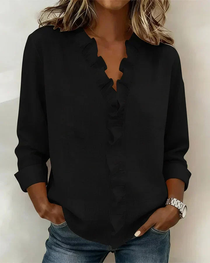 Irene | Blusa elegante con volantes, escote en V y mangas largas