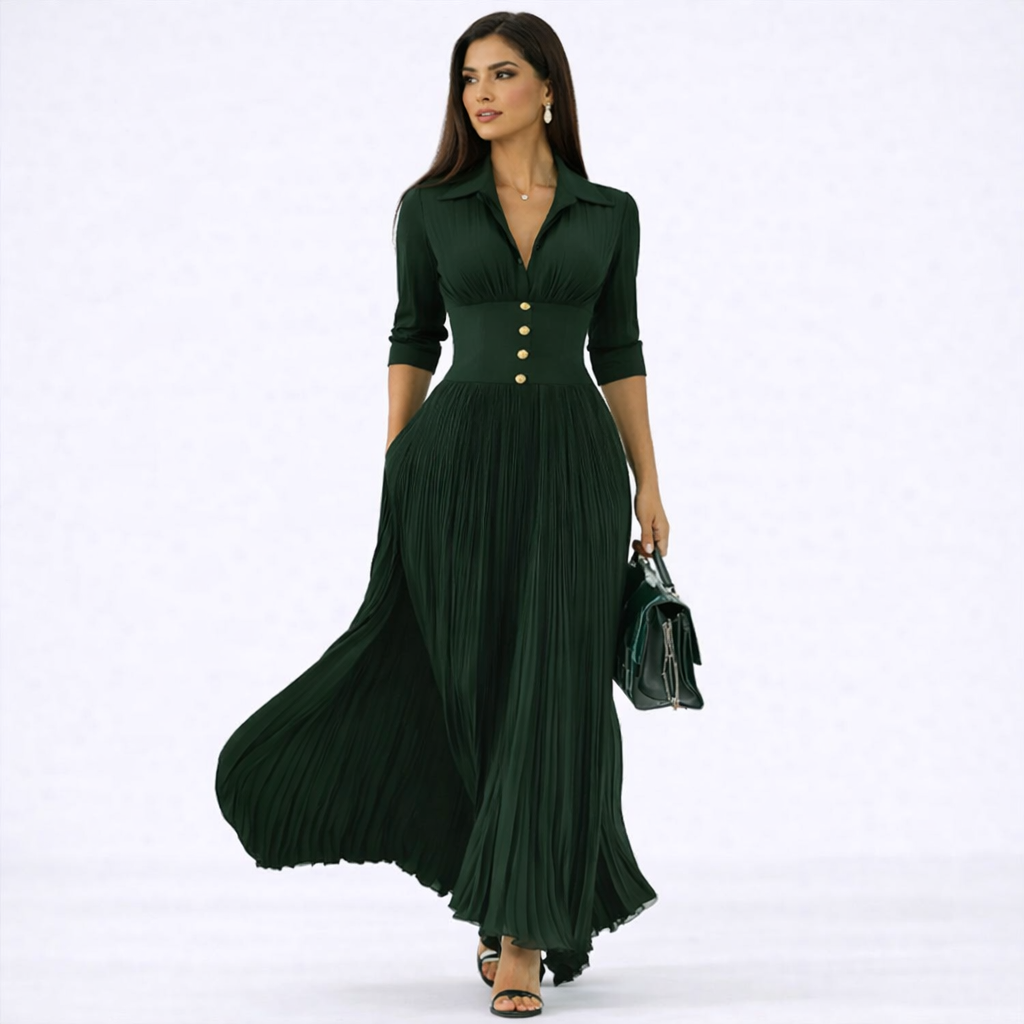 Elvira | Vestido largo plisado con solapa y cintura alta