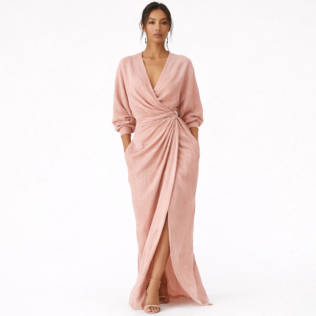 Vestido Maxi Minimalista Rosa con escote en V de lino mezclado para Mujer
