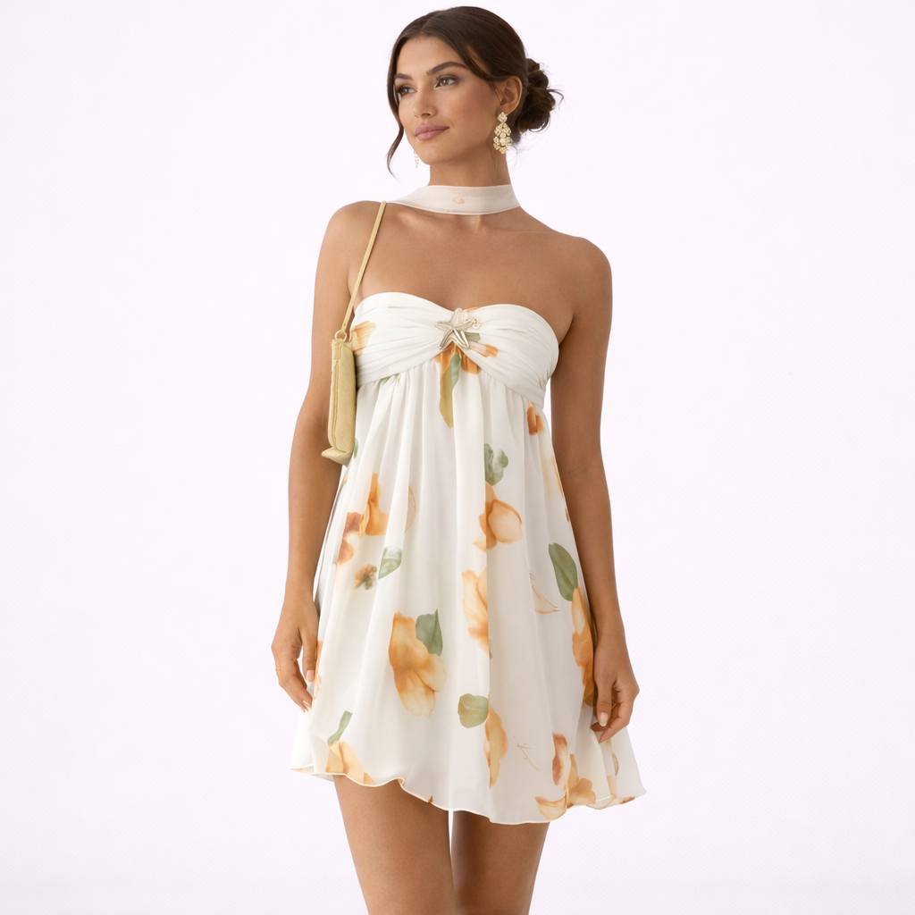 Isabel- Vestido Mini Estampado con Volantes y Cuello Halter