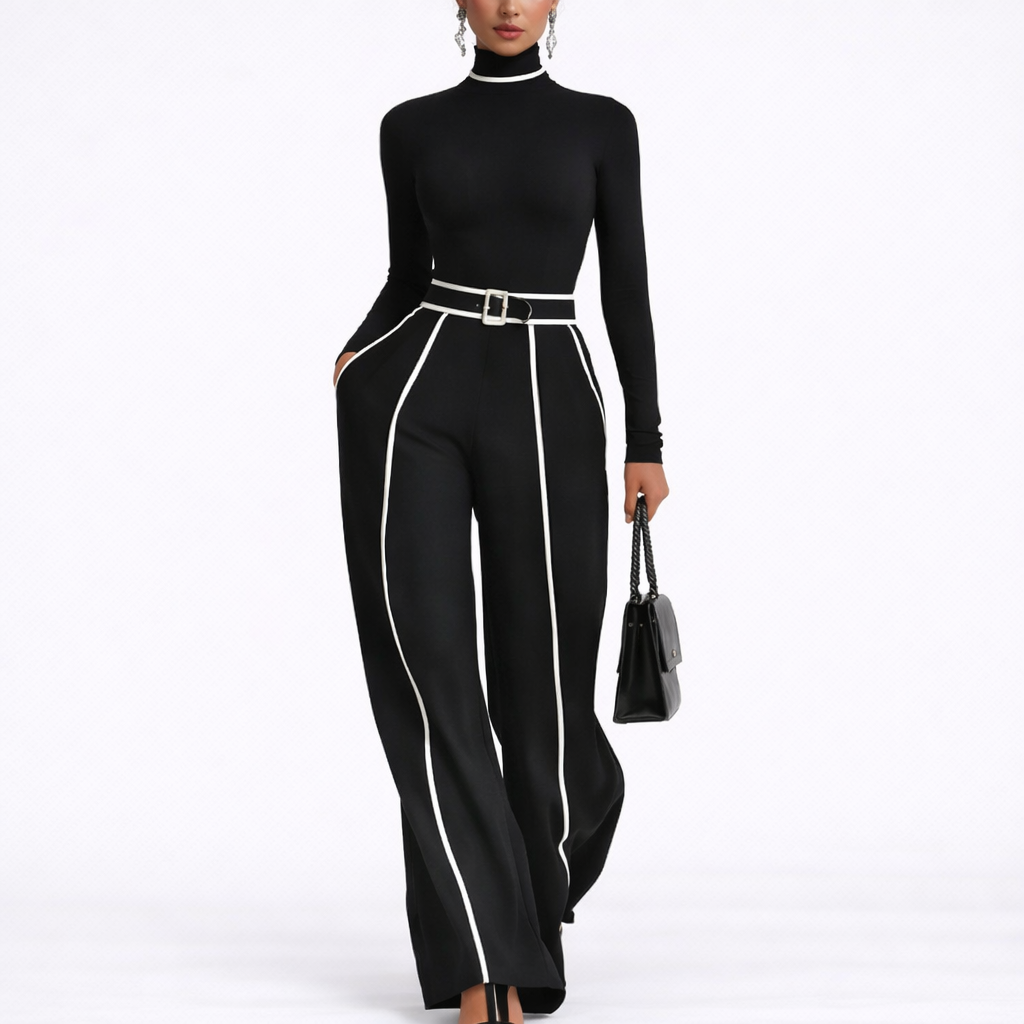 Emma - Conjunto elegante de dos piezas con cuello alto y pantalón ancho